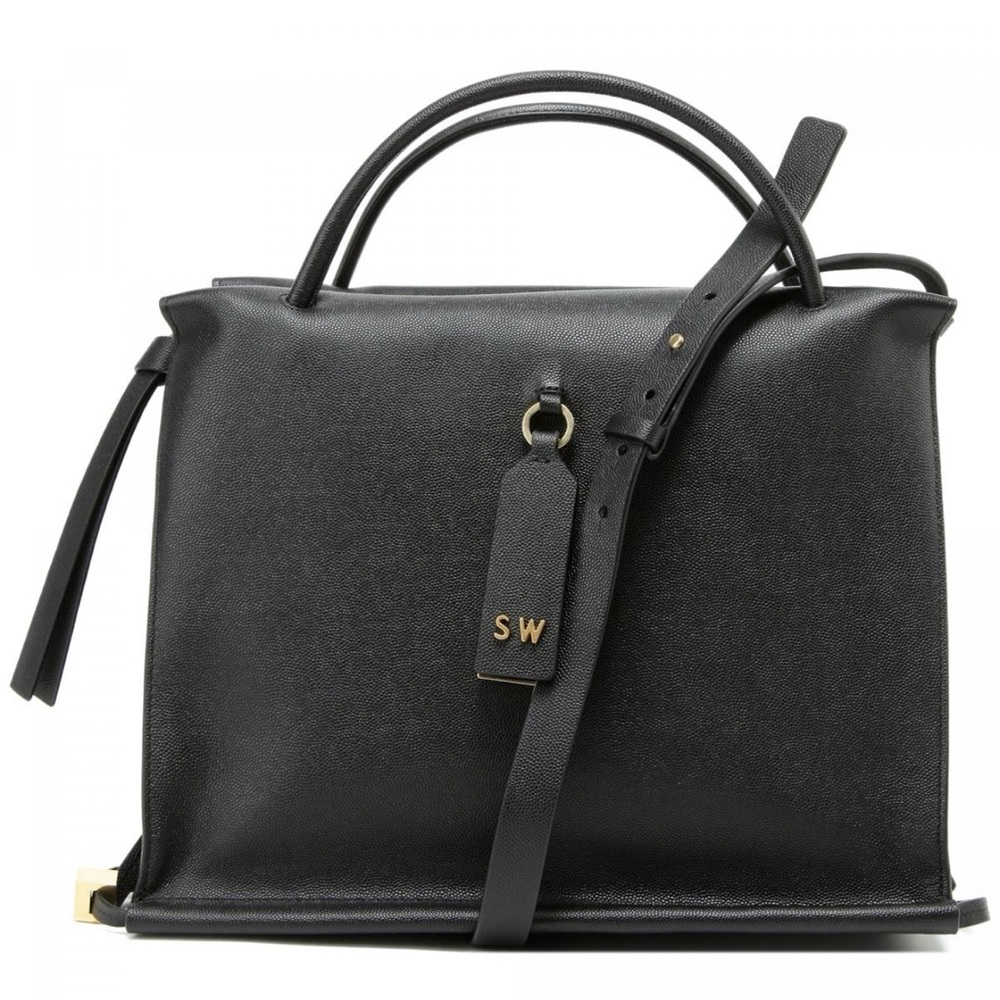 Stuart Weitzman Shopping Satchel Medium Pebbled Black Leather Handbag Crossbody